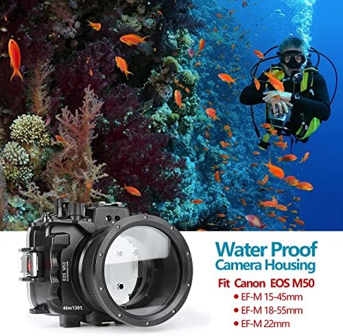 Caixa à prova d'água do SeaFrogs para Canon EOS M50 com lente de 15-45 mm/18-55mm, a montagem de liberação rápida da câmera subaquática pode efetivamente até 40m/130 pés de detecção de vazamento embutido sensor de detecção