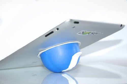 Isucker, azul com uma alavanca branca para uso com iPad, Android, Samsung, Kindle, Nook. É uma alça ergonômica e também pode ser usada como suporte.