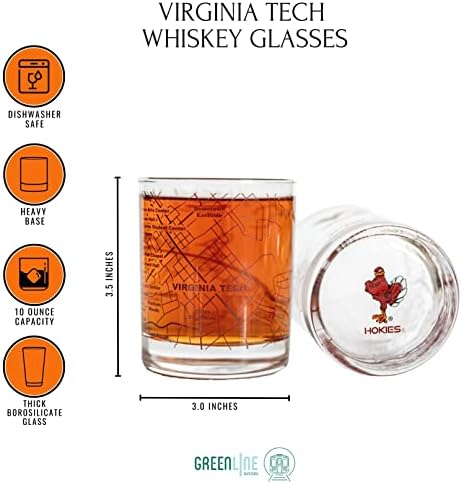 University Virginia Tech Whisky Glass Conjunto - Contém o logotipo da Bird Hokie de cor e mapa do campus - Idéia de presente de Tech Virginia para graduados e ex -alunos - Glassware