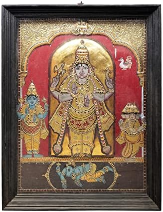 Índia exótica 41 x 52 Lord Shiva como Pashupatinath com Brahma e Vishnu Tanjore Pintura | Cores tradicionais w