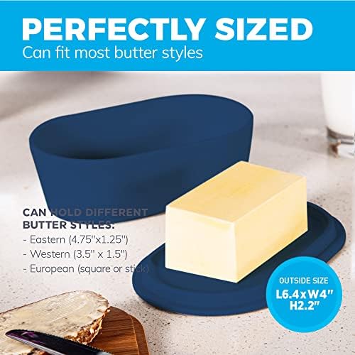 Prato de manteiga azul da meia -noite com tampa para bancada - Modern Bamboo Butter Curcha - Lavagem de louça Guardião da manteiga - Contêiner de manteiga Perfeito para uma amante de estilo europeu, como Kerrygold