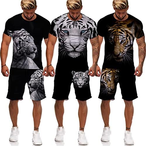 Keusyoi Summer 3d Tiger Tigre Impresso T-shirts Men shorts Terno de corrida Padrão de animais de traje de corrida de duas peças definidas