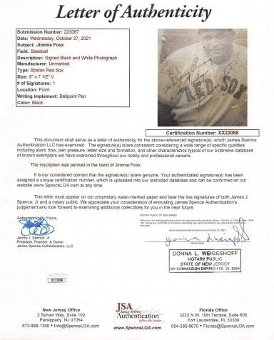 Red Sox Jimmie Foxx assinou B & W 5x7.5 foto autografada JSA XX22088 - Fotos de MLB autografadas