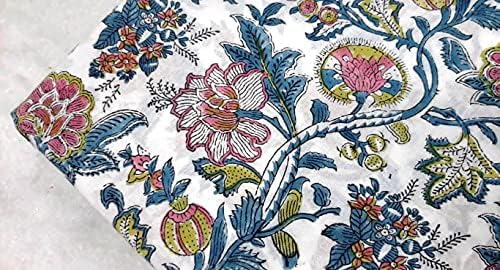 Tecido de estampa de flor azul azul branco tecido indiano de algodão no quintal Jaipur Block Impressão de material de corrida