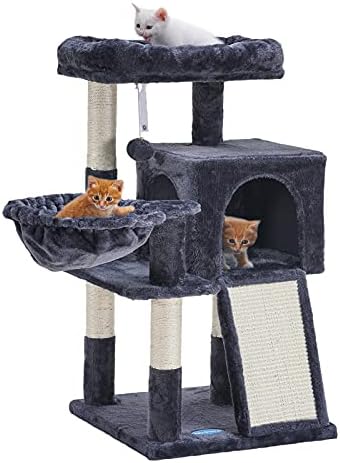 HEY-BROTHER CAT TREE com sisal riscando postes, torre de gatos com tábua de arranhão, condomínio de gato de vários níveis com cesta, mpj014g cinza defumado