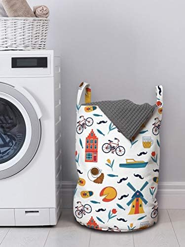 Bolsa de lavanderia colorida de Ambesonne, famosa ilustração do padrão de motivos holandeses projetados em cenário simples, cesto de cesto com alças fechamento de cordão para lavanderias, 13 x 19, branco e multicolor