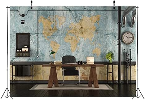Corfoto Fabric 9x6ft Office Backdrop Tema Photography Mapa do mundo House Office Table Virtual Business Mansion for Video Call Mini Session Conference Zoom Reunião Background Poster Decor Cortina