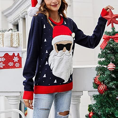 Camisola de Natal Feminina de Ymosrh Moda de Natal fofa Papai Noel Paplover redondo do pescoço Sweater solto