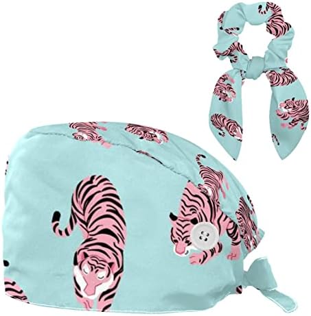 Chapéus cirúrgicos e conjunto de scrunchie de coelho, padrão rosa de tige azul tampas de esfoliação ajustável com