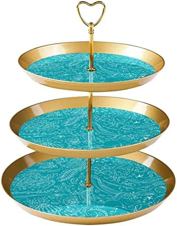 Torre de sobremesa de exibição de cupcakes, plástico de 3 pastelaria em camadas de porção de ouro, baleia oceânica polvo azul azul