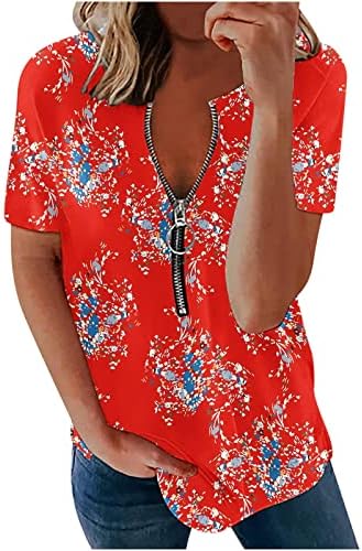 Camisas casuais de meia zíper feminino 2023 Impressão floral de manga curta de verão Tops de blusa de ajuste solto