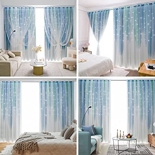 Unistar 2 painéis estrela cortinas de blecaute para garotas quarto de garotas - quarto de camada dupla corte as cortinas coloridas de janela ombre para a sala de estar quarto de meninos, w52 x l84 polegadas, azul