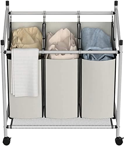 Carrinho de lavanderia de lavanderia com 3 sacos de tecido removíveis Casador de roupas sobre rodas Cesto de armazenamento