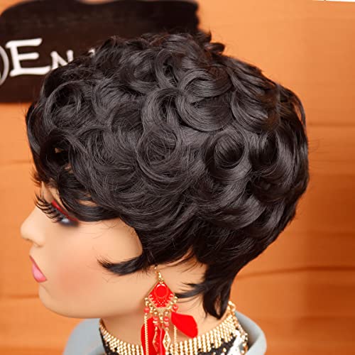 Enjeein perucas de cabelo curto para mulheres negras pixie perucas curtas pixie pixie perucas para mulheres negras cor em camadas sintéticas cor 1b#