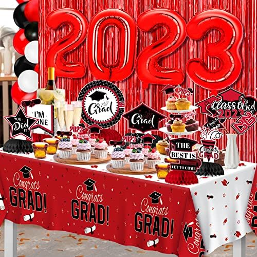 V-Opitos 2023 Decorações de festa de graduação, kit de decorações de formatura preto e vermelho incluem balões e decoração