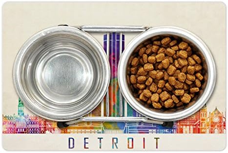 Ambesonne Detroit Pet tapete Para comida e água, marcos de estilo de arranha-céus de arranha-céus de arranha