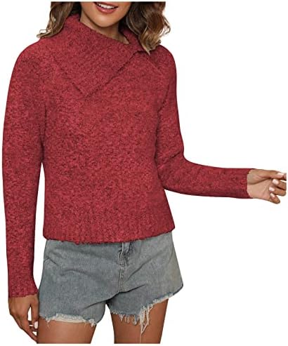 Suéter de suéteres femininos de mebamook com lapela solta em coloração sólida Slim - Sweater de malha de mangas de mangas sólida queda