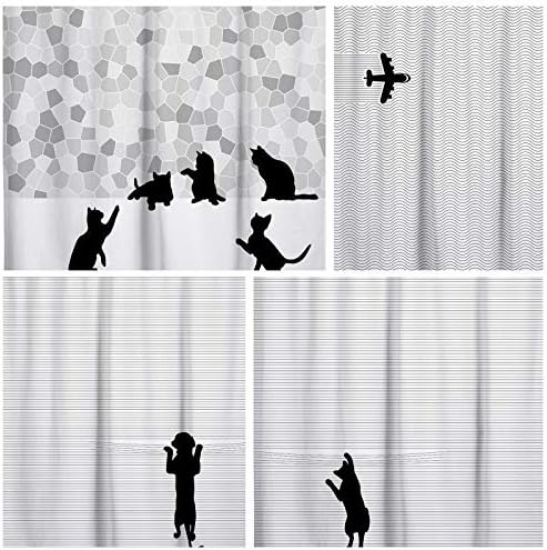 Design iluminado sol silhueta de gato preto e cortina de chuveiro de tecido de mosaico cinza. Cinza e branco