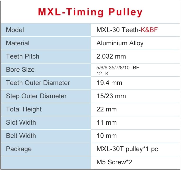 Zhengguifang Professional 2 PCS MXL-30T Polia de tempo, furo 5/6/6,35/7/8/10/212mm de polia largura da roda de polia 11 mm para largura 10mm MXL Timing Belt Belt Belt Belt