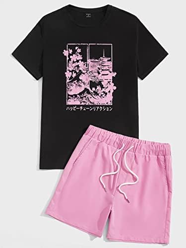 Roupas de duas peças para homens, letras japonesas e camiseta floral e shorts de cintura
