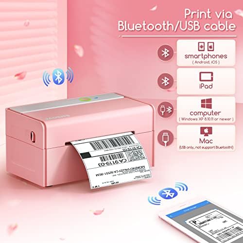 Impressora de etiqueta térmica rosa Jadens e suporte de etiqueta branca, porta de etiqueta para rolos e etiquetas dobráveis ​​de ventilador e impressora de etiqueta térmica bluetooth