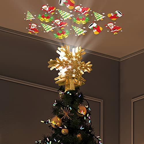 Topper de árvore de Natal iluminada, árvore de Natal Topper de flocos de neve com projetor rotativo de Papai Noel, Topper Gold Snowflake Tree para decorações de árvores de Natal