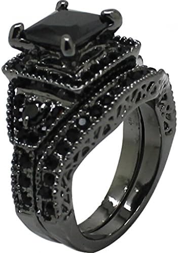 Conjunto de anel de noiva de aniversário de princesa de onyx preto conjunto