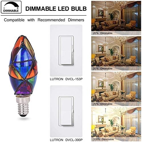 Leesanran 6 manchas de vidro de vidro Tiffany C11 Candelabra Bulbs, 4W LED Dimmable E12 Base cor decorativa para lustre
