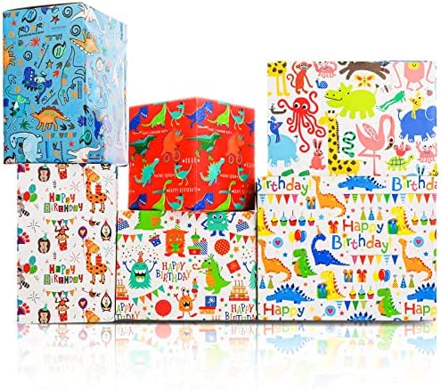 Prasacco 6 lençóis filhos de aniversário de aniversário para meninos, aniversário embrulhando papel de embrulhe