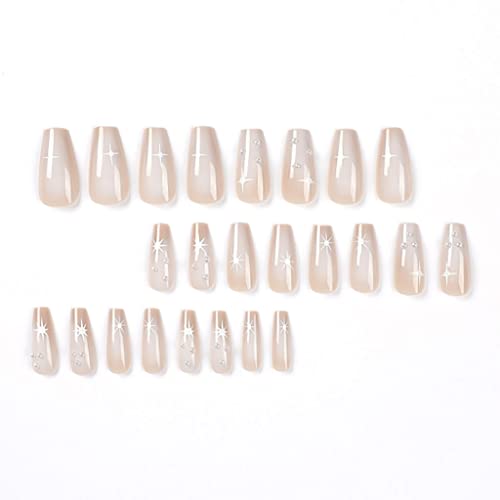 Rikview White Press On Nails Long Acrylic unhas com pérolas pregos de caixão para mulheres bastões brilhantes nas unhas