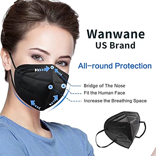 Wanwane KN95 Máscara facial de 50pcs Copo do copo de 5 camadas 5 com loop de ouvido elástico, preto