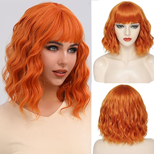 CAIXIU Ginger Short Bob Wig Curly com Bangs Orange Wave Synthetic Bang Party Cosplay para Mulheres Diário Uso Wig