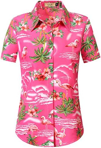 Camisas havaianas para mulheres, camisa flamingo, camisas tropicais para mulheres de manga curta casual