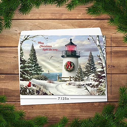 Saudações de designer Red Farm Studio - Cartões de Natal em caixa Design náutico/costeiro; Farol neve no penhasco