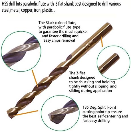Peakdrill 10pcs 23/64 Bits de broca HSS Definir flauta parabólica preto/dourado comprimento Twist Bits de broca de 135 graus. Droca de ponto de divisão para aço, metal, ferro, ferro fundido, cobre, alumínio.