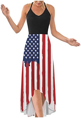 4 de julho Vestido maxi para mulheres Casual Summer Boho Dress American Scoop Scoop Neck Cami Starsess SunSress listrado