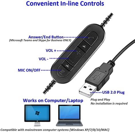 Fone de ouvido do computador USB MKJ com cancelamento de ruído de microfone para laptop para PC, fones de ouvido com fio leves para