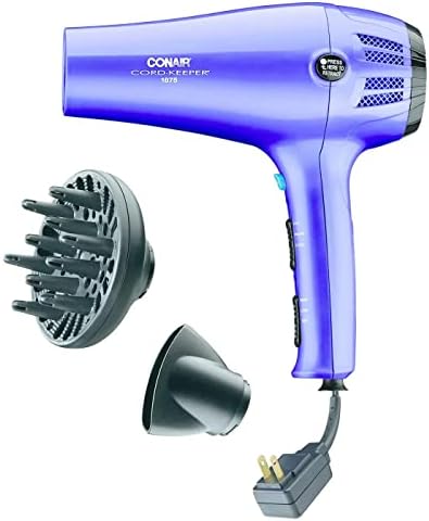 Conair Cord Keeper Secador de cabelo com alça dobrável e cordão retrátil, secador de cabelo de viagem, azul -petróleo com