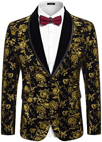 Coofandy Men's Floral Smoking Jacket Shawl Lappel um botão de veludo Jacket Jacket Dinner Prom Party Wedding Blazer
