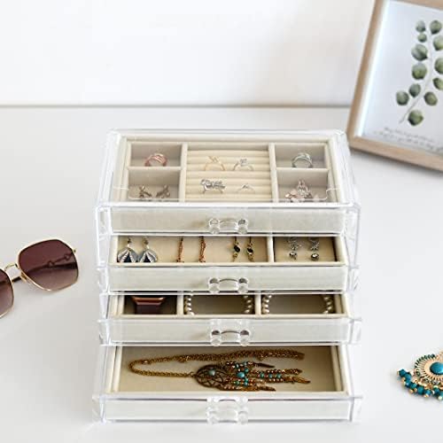 Caixa de jóias de acrílico de Herfav com 4 gavetas, organizador de jóias de veludo para colares de anéis de brinco de braceletes