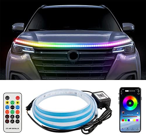 Luzes externas para carros, tiras de luz de capuz de carro de 59 polegadas com perseguição de DreamColor, faixa leve