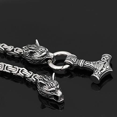 Cabeça de Lobo Guoshuang com Thor Mjolnir Pingente Colar Aço Antelhado - Cadeia King