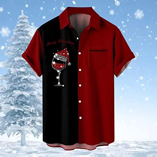 Wybaxz 2022 Christmas Mens Christmas Santa Presente 3D Botão de impressão digital lapela Camisa de manga curta camiseta