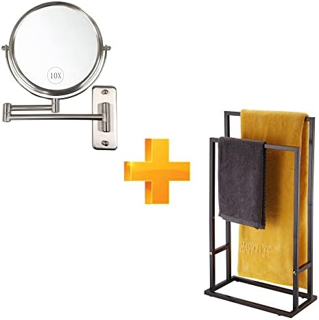 Espelho de maquiagem de 10x montado na parede níquel acabado, 2 racks de toalhas de camada para banheiro banheiro preto Toalha de barra