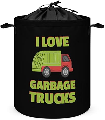 Eu amo caminhões de lixo 42l Round Basket Casket Roupas dobráveis ​​Hampers com tampo de cordão