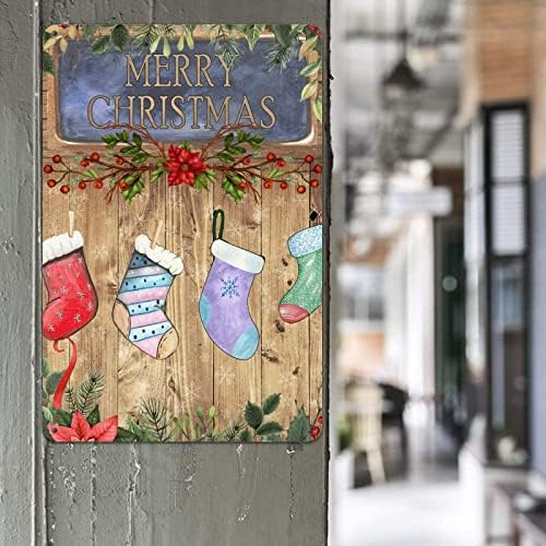 Feliz placar de Natal, decoração de férias, sinal de natal, decorações de férias, sinal de meias de Natal, decoração de decoração de Santa decoração de parede vintage para barra de café em casa 8x12 polegadas
