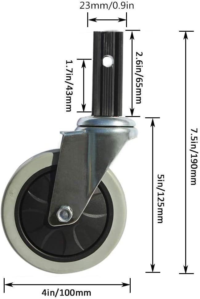 Casters giratórios giro lançadores de placas 4 polegadas de borracha Caster, roda de móveis de tronco giratória, com suporte de tubo