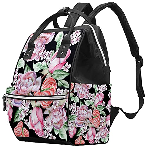 Ilustração com bolsas de fraldas de rosa aquarela Backpack Mummy Backpack de grande capacidade Bolsa de enfermagem de bolsa