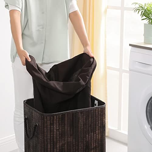 Cesto de lavanderia canção com tampa, cesta de lavanderia de bambu com saco de liner, cesto de armazenamento dobrável com