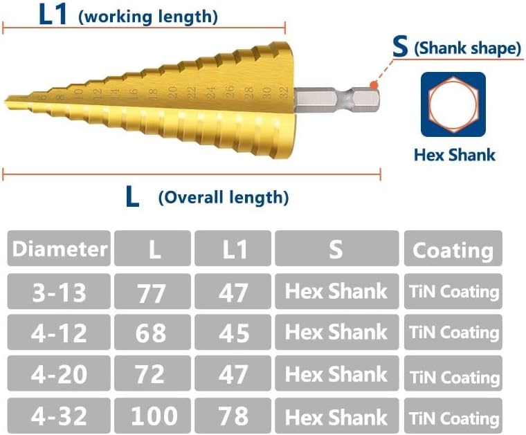 Gande Step Bit Bit 3-13 4-12 4-20 4-32mm Conela Cone Brill Drills de Metal Metal Brills 1pcs